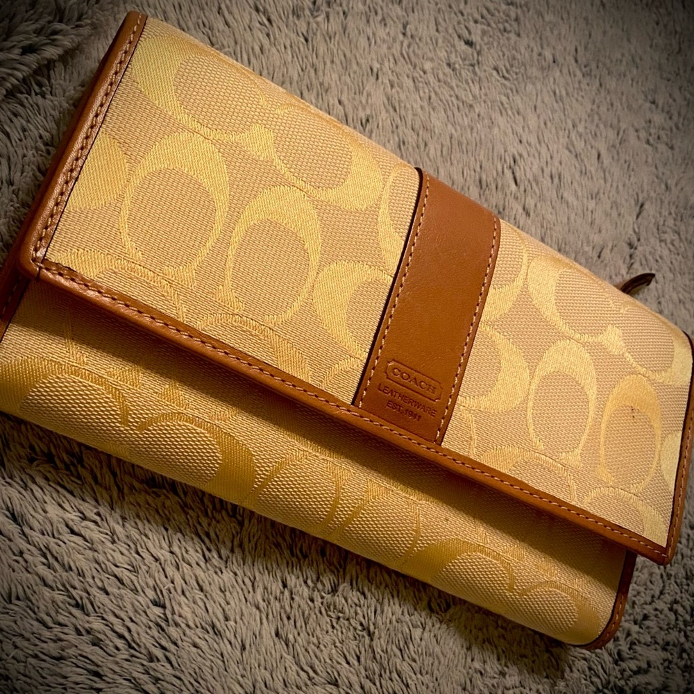 Tan & Yellow COACH Leather and Canvas Wallet